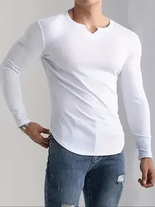 Men's Fall Outfits Solid Color Designed V-Neck Long Sleeve T-Shirt for Daliy Wear, Old Money Style Trendy Outdoor Casual Versatile Sports Style, Must-Have Wardrobe Essential