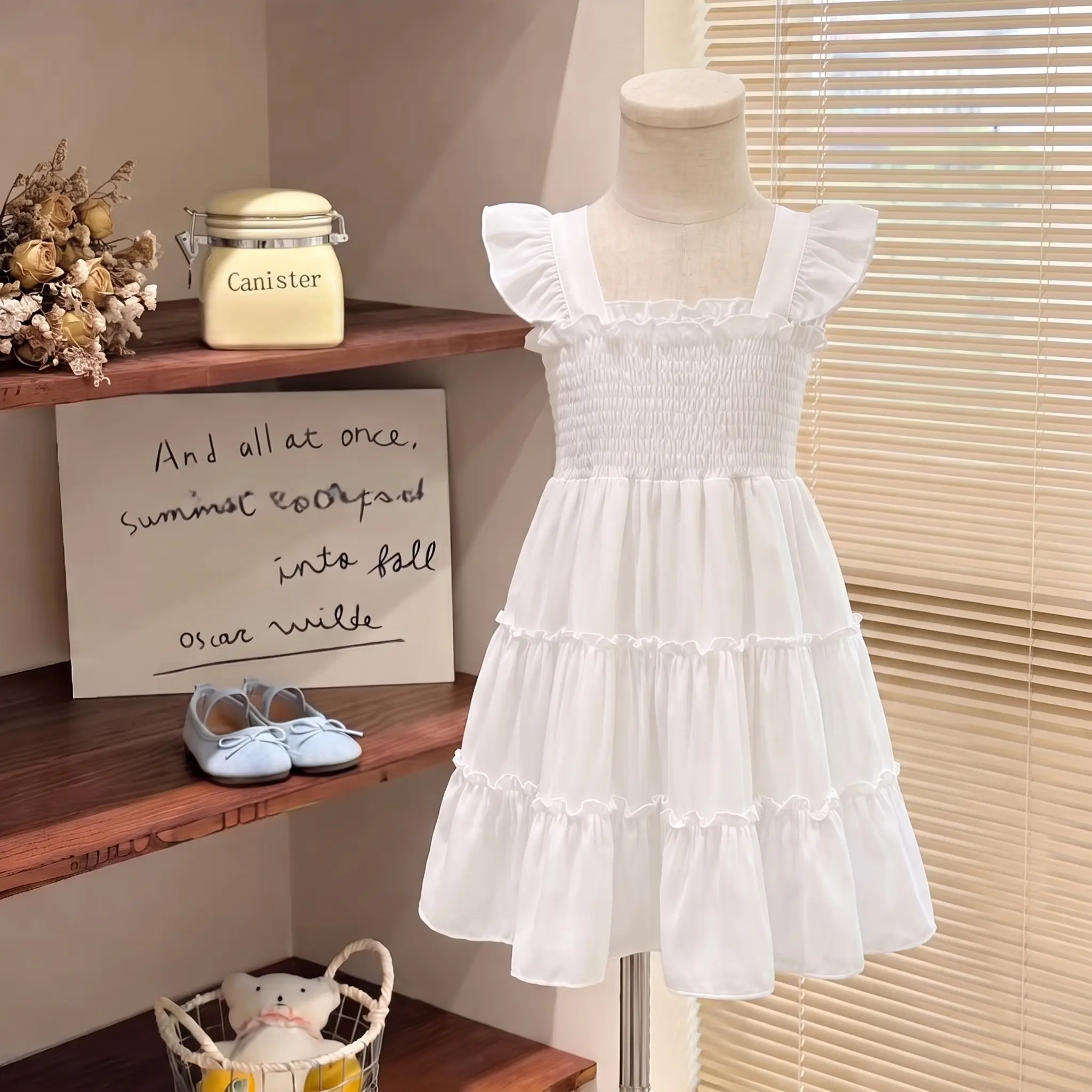Younger Tree Toddler & Baby Girls' Cotton Blend Sleeveless Plain Sundress - Solid, Ruffle Trim, Bow Back, Casual Wear, Baby Clothing, 2-3 Years, 2-3T