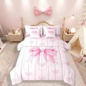 7 Piece Pink Bow Comforter Bed Set with Sheets,Elegant Ribbon Bedding Set,Coquette Room Decor Teen Girls,Pink Striped Bow Tie Bed Bag with Flat And Bed Set
