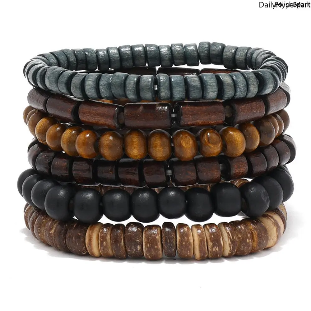 Men's Accessories: 6-Piece Rugged Wood Bead Matching Set, Boho Tribal Style Elastic Wristbands - Birthday Gift for Men, Matching Bracelets, Fashionable Bracelet Style, Tribal Look, Heavy-Duty Cord, 6-Pieces, Father’s Day