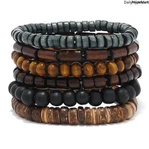 Men's 6-Pcs Handcrafted Wood Bead Elastic Cord Bracelet Set - Boho Stackable Tribal Strand, Men's Accessories, Ideal Anniversary Gift