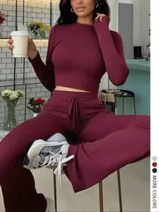 Women's Casual Basic Solid Color Long Sleeve Round Neck Top with Drawstring Pants Set, Fitted Comfortable Fashion for Everyday Wear and Leisure Outfit