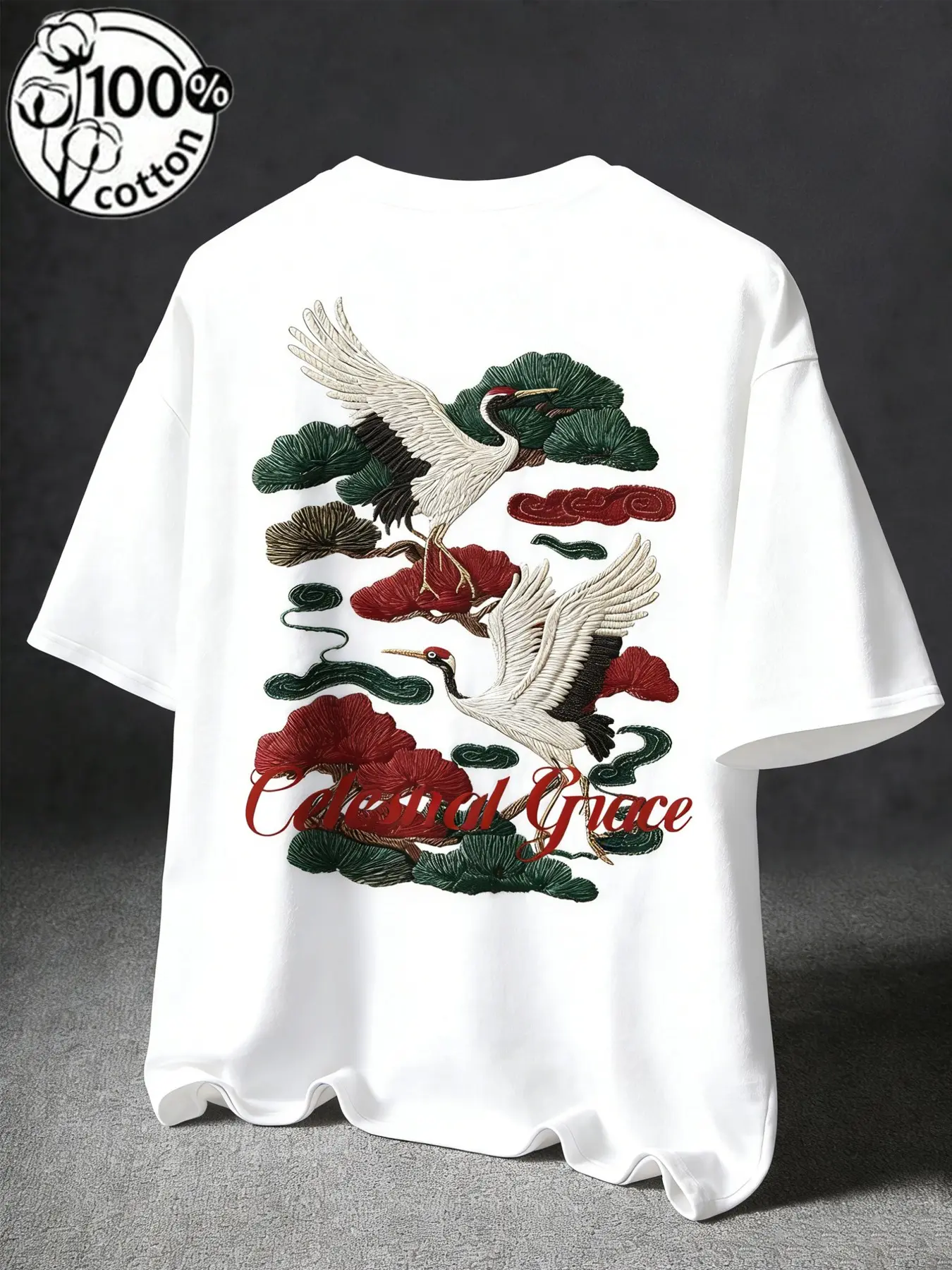 Unisex White 100% Cotton Celestial Grace Crane Casual T-Shirt | High-Definition Printed Cloud & Red-Crowned Crane Graphic Oversized Tee, Eastern Aesthetic Fashion
