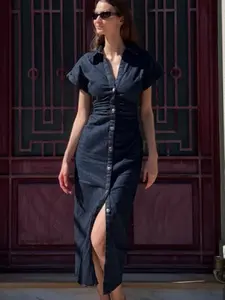 Women's Spring Summer Denim Dress Fit, Womenswear, Ruched Waist, Short Sleeves, Button Front, Casual Fashion, Midi Length, Plain Pattern, Daily Wear