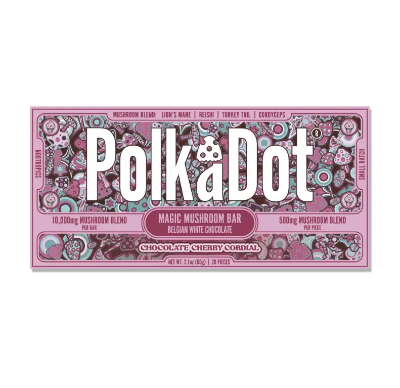 Polkadot Belgian Chocolate, Cherry Cordial, 20 Count, High Potency Plant-based Mushroom Snack, 100% Organic, High-Quality Ingredients, Made in USA, All Natural, Healthy Chocolate, 20 Piece Chocolate Bar
