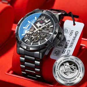 Luxurious men’s automatic mechanical watch, water-resistant and drop-proof, open dial with tourbillon visible through the case back, includes gift box business fashion wristwatch