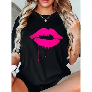 100 Percent Cotton Pink Lips T Shirt with Neon 80s Style Kiss Design for Party Casual Wear