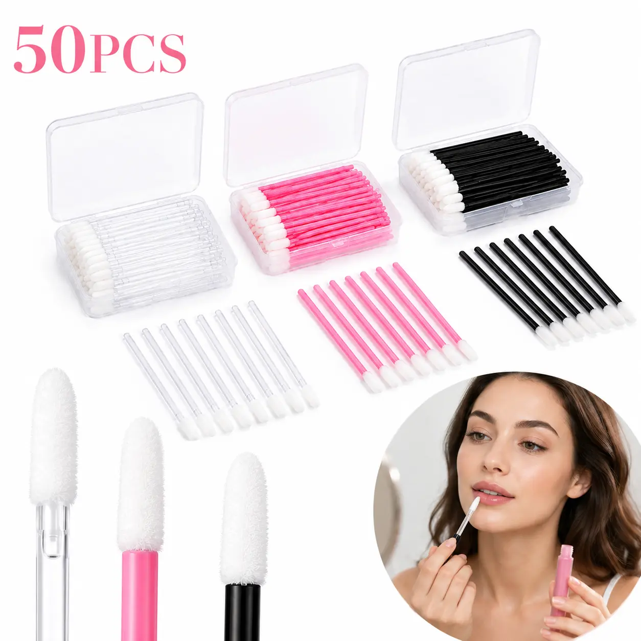 50PCS Disposable Flocked Lip Brushes - Portable Lip Applicators for Lipstick Gloss Makeup Touch Up, Tennis Player Travel Beauty Tool