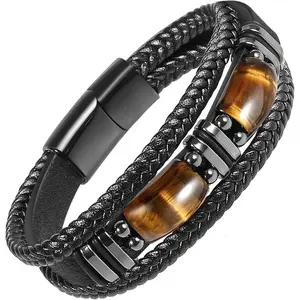 Men's Black Leather Beaded Stackable Bracelet with Genuine Tiger Eye Gemstone, 21cm Handmade Men's Accessories for Casual Daily Wear, Fashion Bracelets & Bangles, Stackable Bracelets,summerwins