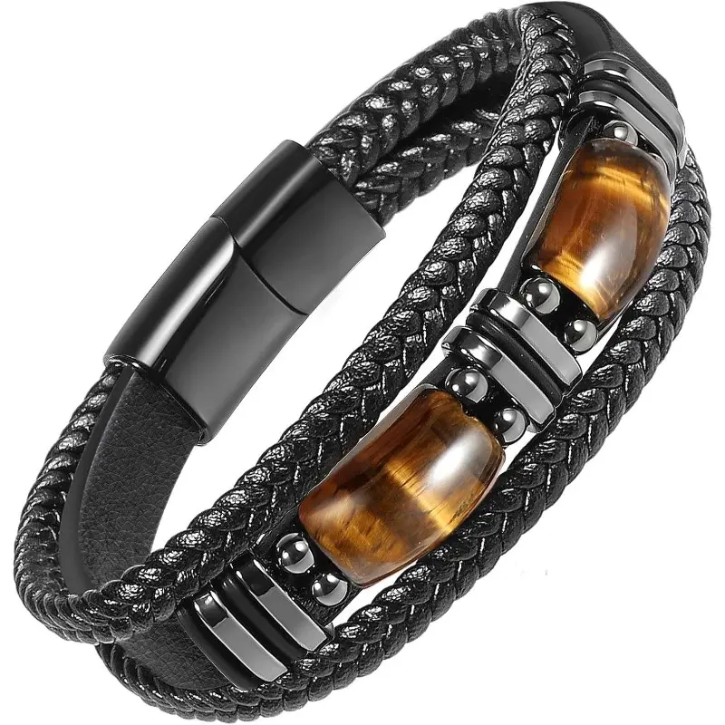 Men's Black Leather Beaded Stackable Bracelet with Genuine Tiger Eye Gemstone, 21cm Handmade Men's Accessories for Casual Daily Wear, Fashion Bracelets & Bangles, Stackable Bracelets