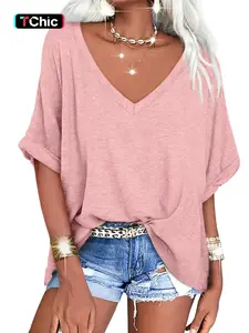 Women's V-Neck Batwing Sleeve Stretchy Summer Tee, Casual Plain Short Sleeve T-Shirt, Ladies Clothes Womenswear for Daily Wear