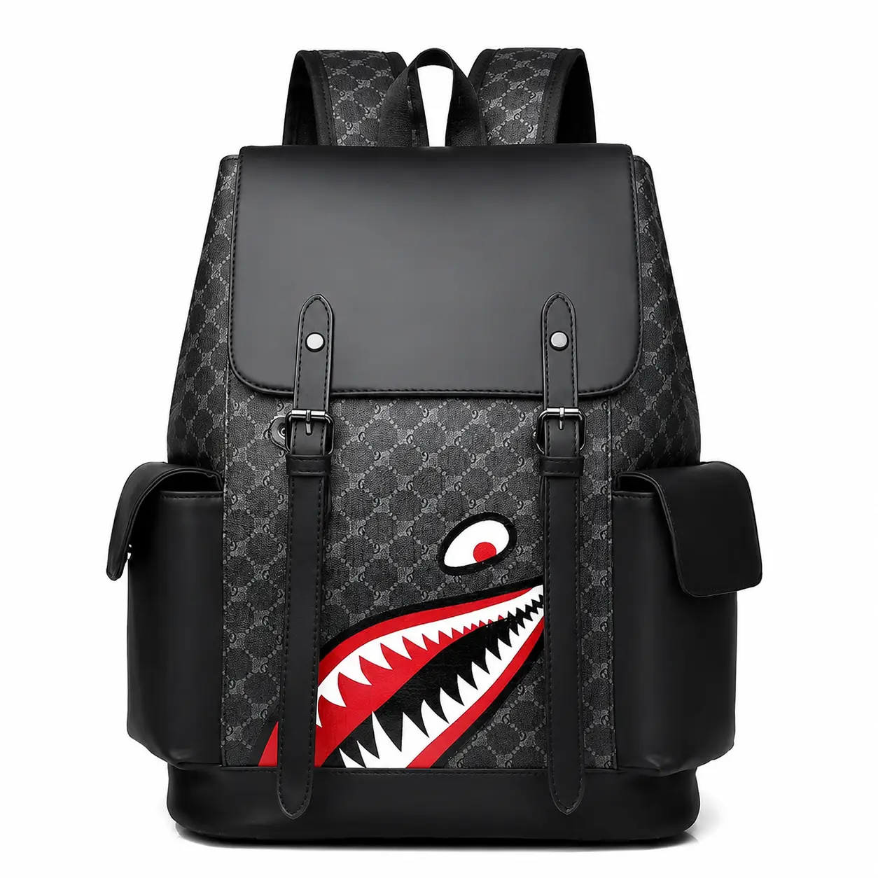 Sprayground Black Monogram Shark Mouth Flap Backpack, PU Leather Patch, Large Capacity Streetwear Bag for Teen Boys – Gym, Laptop & Travel Use