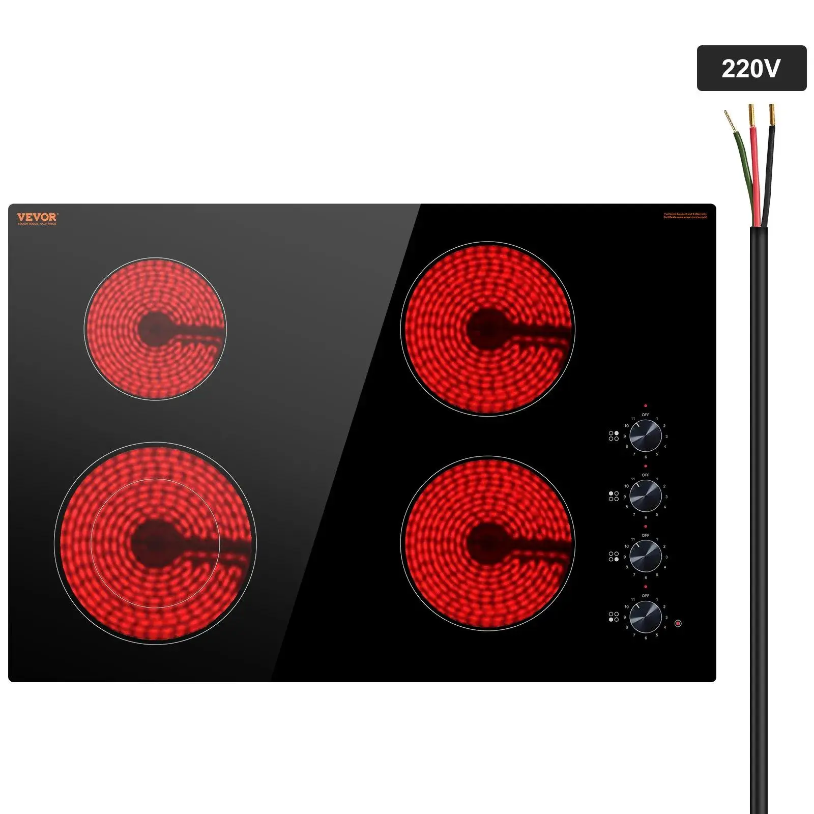 【Summerfinds】VEVOR Electric Cooktop,  30 inch 4 Burners Built-in Electric Stove Top, 7200W Ceramic Top Radiant Cooktop, with Glass Panel, Knob Control, 11 Heat Levels, 220-240V, Hard Wire (No Plug)