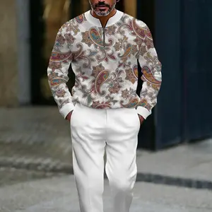 Men's 2-piece set, autumn and winter fashion new geometric print long-sleeve zipper jacket and casual long pants sports set, suitable for outdoor daily casual sports. men's 2 piece set