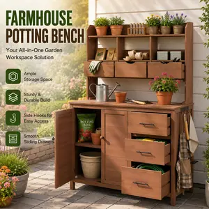 Patio Potting Bench 44.6x19.5 Inch Large Garden Workstation with 6 Drawers and Bottom Cabinet Outdoor Kitchen Island Mobile Prep Table with Side Hooks for Backyard Yard Lawn Outside Clearance Brown