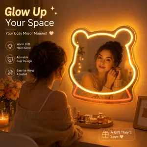 Cute Bear Neon Mirror LED Wall Decor for Kids Room Nursery Bedroom