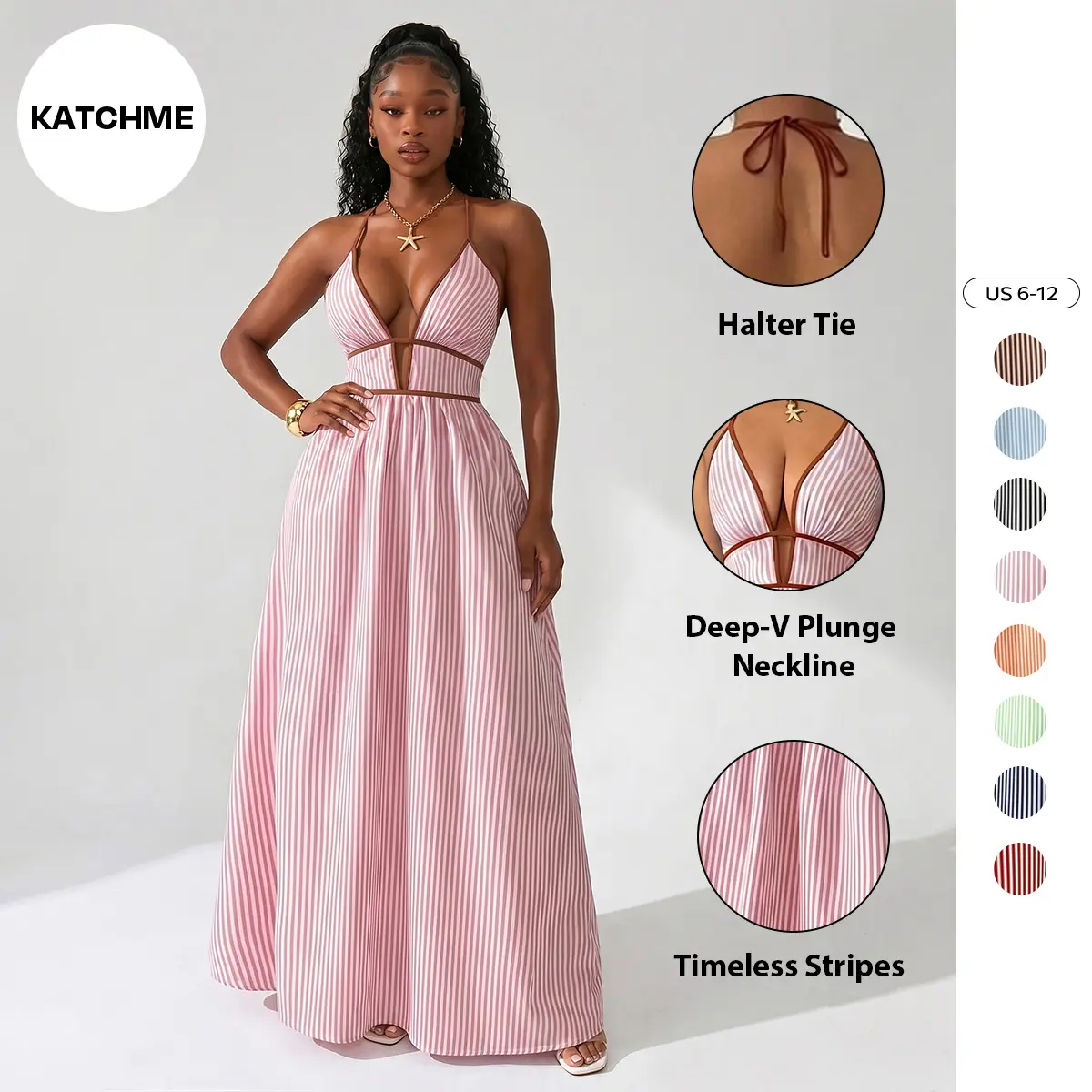 Katch Me Chic Women’s Elegant Pinstripe Halter Maxi Dress, Deep V Neck Backless Beach Dress, Adjustable Straps Lightweight Vacation Sundress Chic Summer Dresses