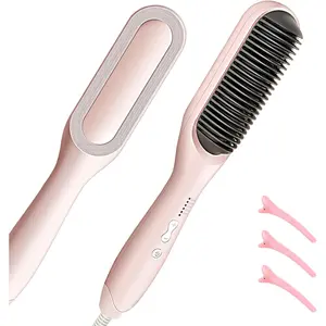 Hair Straightener Brush-Ionic Hair Brush Straightener for Women with 6 Temp Settings,Fast Heating & Dual Voltage Hair Straightening Comb,Anti-Scald & Auto-Shut Off (Pink)