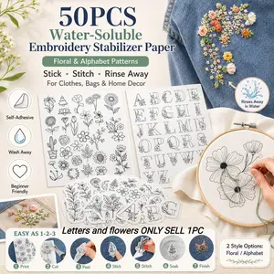 50Pcs Water Soluble Embroidery Stabilizer Paper, Boho Floral Alphabet A-Z Pattern Stickers, Wash Away Hand Sewing Transfer Sheets for Needlework, Cross Stitch, DIY Craft Projects, Beginner Embroidery Kit Supplies for Clothes, Bags & Home Decor