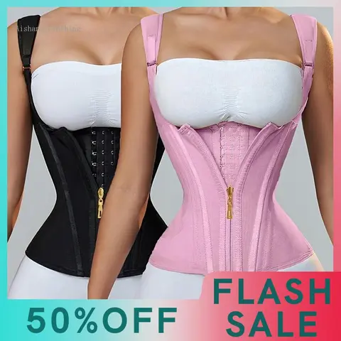 Women's Slim Latex Waist Trainer Corset Vest Shapewear - Adjustable Straps, Steel Frame Support, Double Compression, Zipper Closure, Smooth Black Fabric for Abdomen Control, Back Support, Everyday Wear Faja Body Shaper