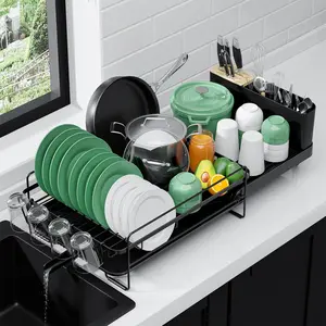 Expandable Dish Drying Rack for Kitchen Sink, Black Coated Iron Drain Rack, Rustproof Adjustable Over Sink Dish Rack, Space Saving Utensil Holder with Drain Tray for Plates Bowls Cups Kitchen Counter Organizer