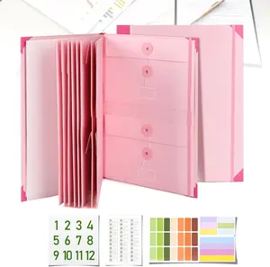 Thin Document Organizer Binder with 12 Expanding Pockets Durable File Folder for Important Papers Birth Certificates Letters Home Office Use Pink Storage Stickers