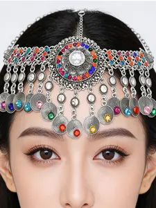 Ethnic Vintage Fringe Headpiece, Hollow Out Ancient Style Hanfu, Exotic Wind Forehead Ornament, Rhinestone Forehead Chain for Women