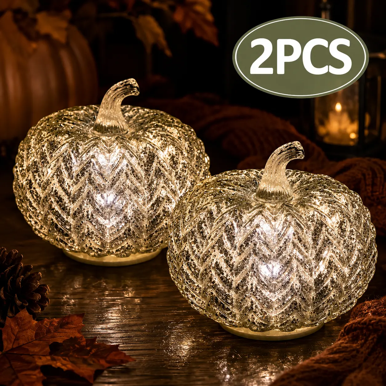 2-Pieces Reflective Mercury Glass Pumpkin Lights Set with Timer, Battery Operated, Warm Glow Fall Decor for Halloween, Window Display & Gift, Decoration, Pumpkin Shape