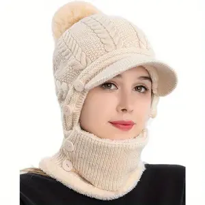 1x Winter Women's Pullover Ear Warmer Hat, Scarf Mask Combo Warm Thick Skull Ski Cap, Head And Neck Warmth, Ear And Face Warmer, Winter Scarf Mask Combo, Ear Warmer Hat, Cable Pattern, Slouchy Fit, Hand Wash Care, Thick Fleece Lining