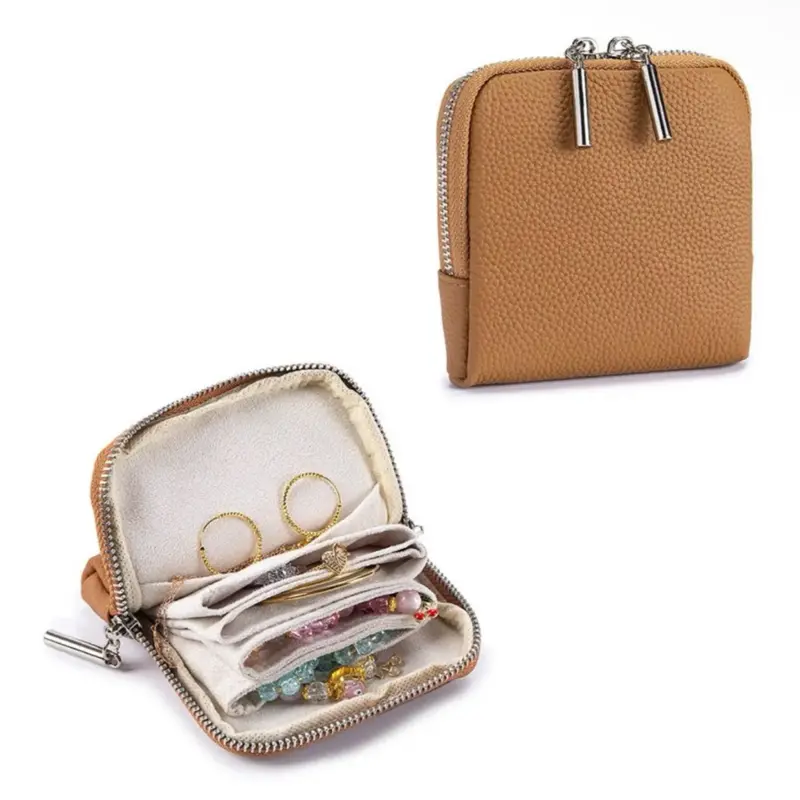Women's Compact Genuine Leather Travel Jewelry Box, Portable Zippered Organizer Case for Rings, Earrings & Necklaces