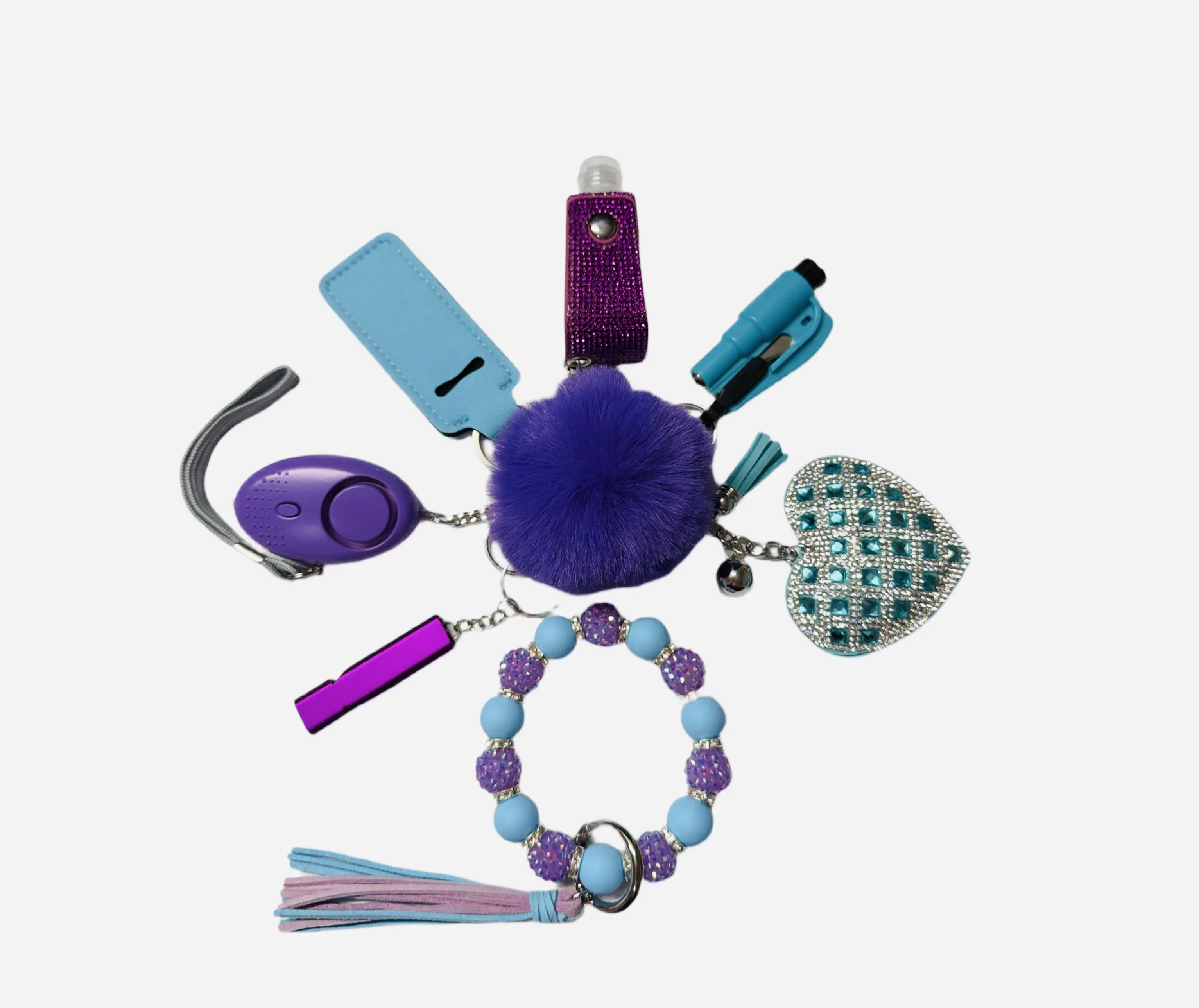 Purple and Teal Safety and Accessory Keychain Set with Silicone Beads