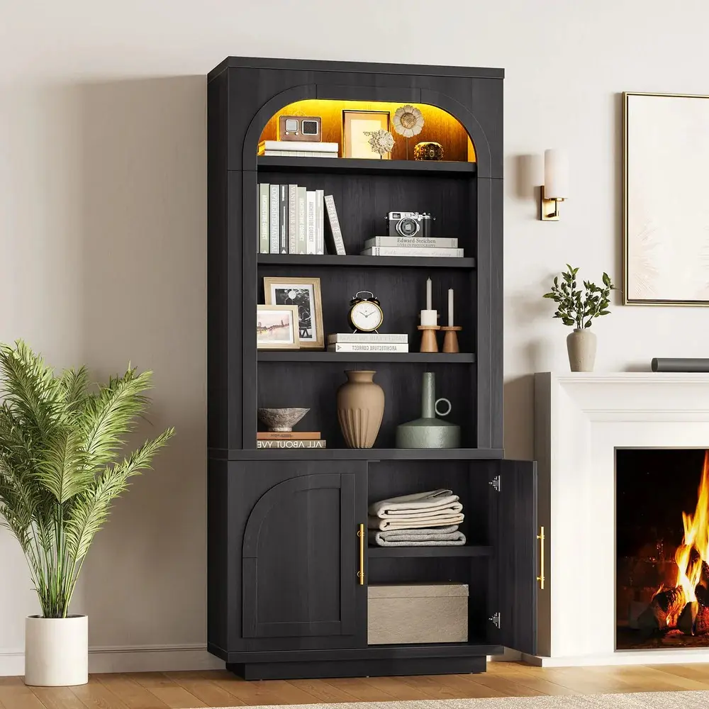 SIKAIC 6 Tier Arched Bookshelf with LED Lights, Black Tall Bookcase with Adjustable Shelves and Storage Cabinets, Books, Arched Top