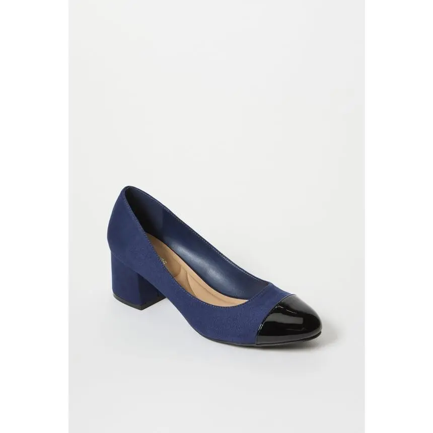 JUST FAB Women's Cap Toe Block Heel Pumps 2.25" Low Chunky Heel Black Patent Toe Slip-On Office Work Heels Arch support