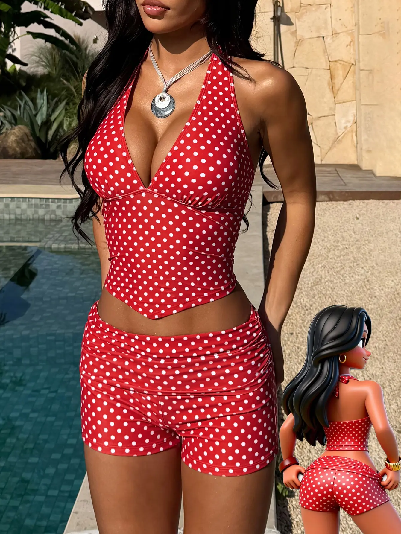 Women's Red Polka Dot 2-Piece Swimsuit Set - Halter V-Neck Cutout Top, Ruched Boy Shorts, Cute Women's Clothes for Tropical Vacations, Pool Parties, Two Piece Set