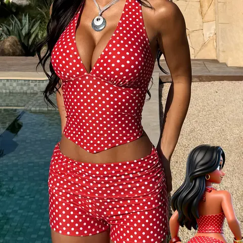 Women's 2-Piece Red Polka Dot Novelty Print Bikini Swimwear - V-Cutout Halter Top with Secure Straps, Ruched Boy Shorts, Fun Pool Party Beach Outfit, Quality Fabrics