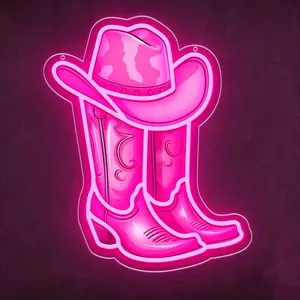 LED Lighted Pink Cowboy Boot and Hat Neon Sign - Western Theme Indoor Wall Decor, LED Neon Signs for Game Room, Room Decor Birthday Gifts