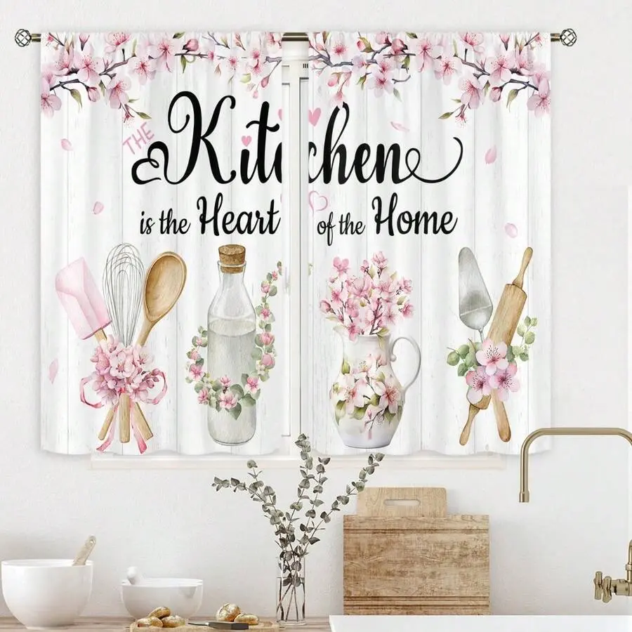 Floral Kitchen Curtains 2 Panel Set, Watercolor Botanical Leaves Tree Print Rod Pocket Cafe Curtains, Short Window Treatment Drapes For Kitchen, Bathroom, Bedroom, Living Room, Nature Art Home Decor, Easy Care Fabric