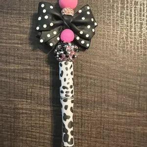 Black and White Polka Dot Bow Cow Print Beaded Focal Pen with Pink Accents and Rhinestone Detail