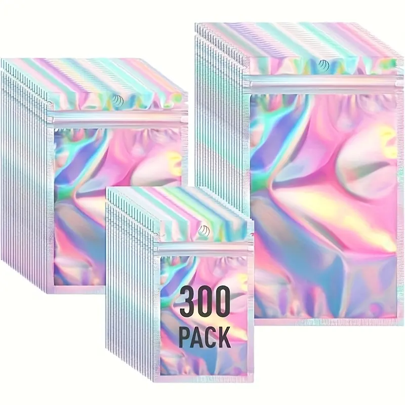 300 Holographic Glossy Lightweight Zipper Bags, Transparent Laser Foil Pet Gift Jewelry Pouches, 3 Sizes, Versatile Use, Ideal for Earrings Necklaces Bracelets Rings Small Items Set, Parties, Gatherings, Gift Wrapping Supplies
