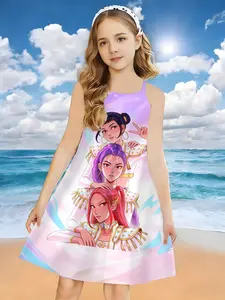Girls K-Pop Strapless Dress, 3D Cartoon K-Pop Print, Summer Casual Loose Fit, Breathable Fashion, Daily Wear Cross Strap Dress