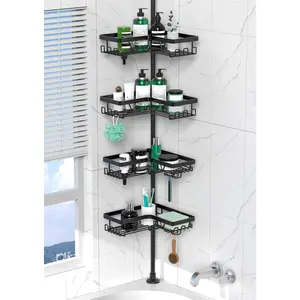 Corner Shower  Tension Pole - 4 Tier Stainless Steel Rustproof Shower Corner  for Bathtub Bathroom Shower Organizer Shelves Adjustable Pole 25-114.2 Inch Black