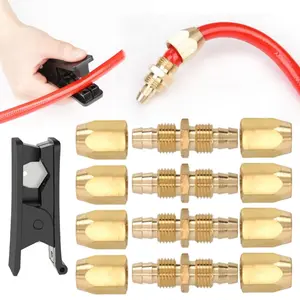 4PCS Solid Brass Reusable Fittings, with 1pc PU tracheal cutter, For 1/4-Inch ID PU Polyurethane Hose, Air Hose Splicer End Repair Fittings