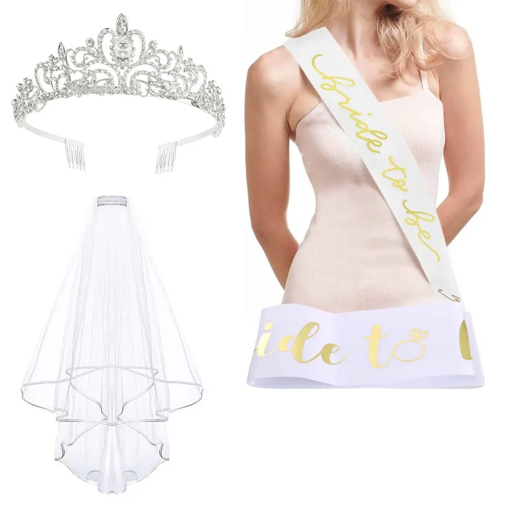 3 Pack Bachelorette Party Decorations - Crystal Crown, Bride To Be Sash & Wedding Veil for Bachelorette Party Favors Bridal Shower Gifts for Bride