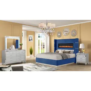 Modern Style Upholstery King 4 Piece(Includes: King Size Bed, Nightstand , Dresser, and Mirror) Fireplace Bedroom Set made with wood in Blue