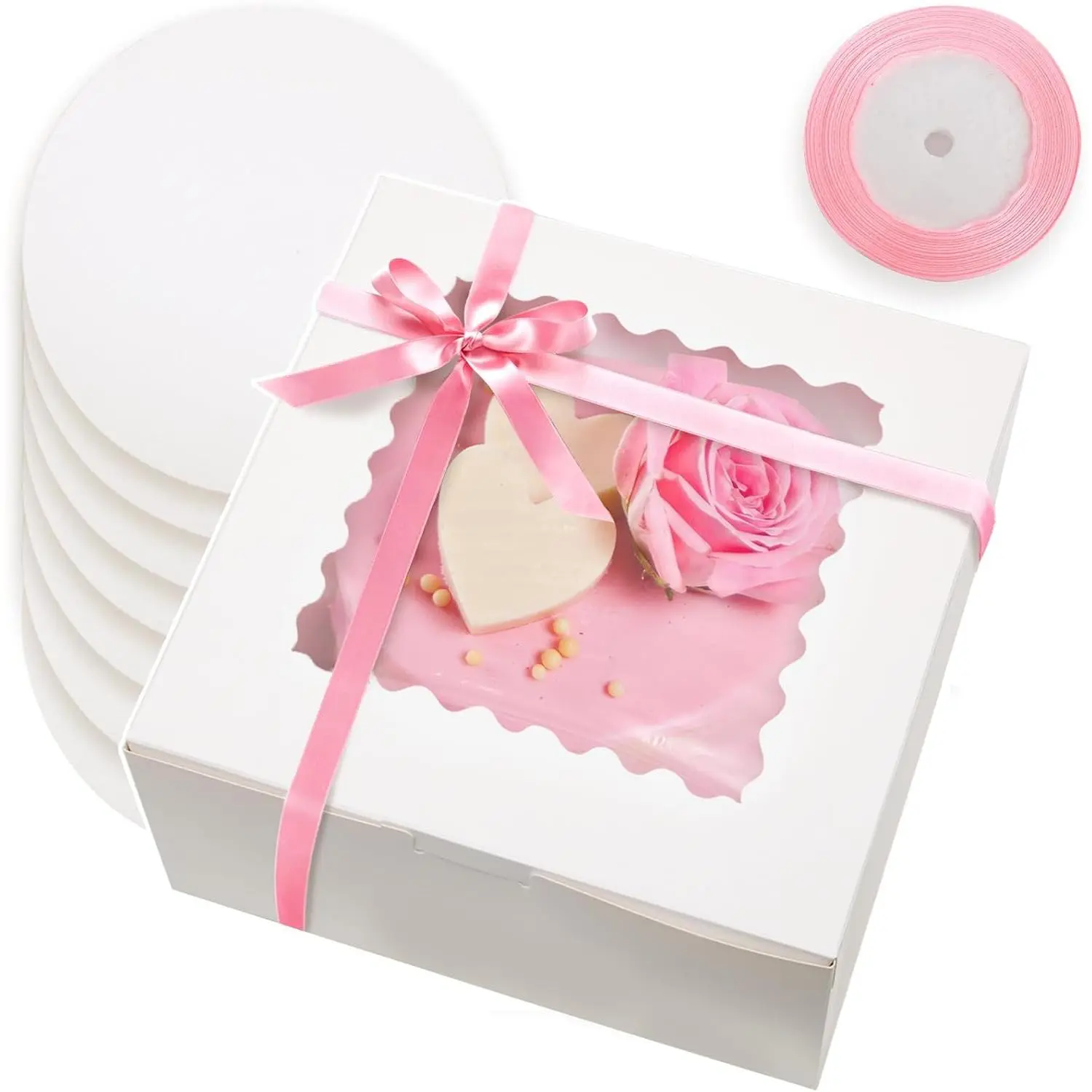 36 count 8x8x5 Inches Cake Boxes with Window 8 Inch Bakery Boxes 18-Packs White Cake Boxes (18 Cake boxes +18 Cake Boards+10 Meters Silk Ribbon Includes)