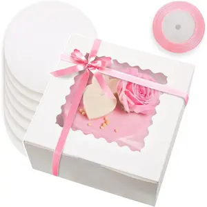 36 count 8x8x5 Inches Cake Boxes with Window 8 Inch Bakery Boxes 18-Packs White Cake Boxes (18 Cake boxes +18 Cake Boards+10 Meters Silk Ribbon Includes)
