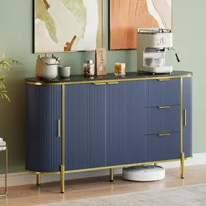 Navy Blue Sideboard Buffet Cabinet with Storage 60in Modern Fluted Credenza Storage Cabinet with Faux Marble Top 2 Curved Profile Sliding Doors 3 Drawers Coffee Bar Accent Table for Livingroom