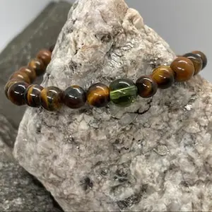 Genuine Moldavite and 6mm Tiger Eye Beaded Bracelet