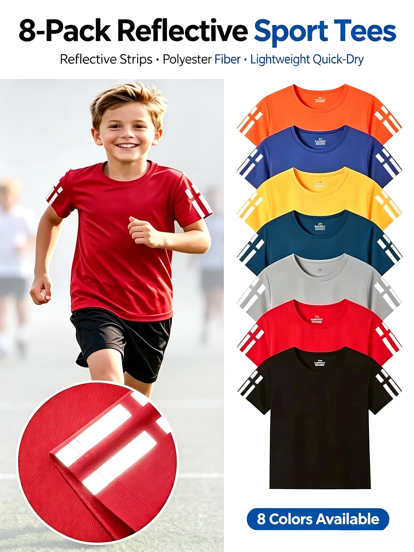 Kids T-Shirts 8-Pack for Boys & Girls – Breathable Mesh Quick-Dry Fabric, Soft & Comfortable, Multi-Color Athletic Tees for School, Sports & Play round neck casual neck short sleeve wear summer slight stretch t shirt popular