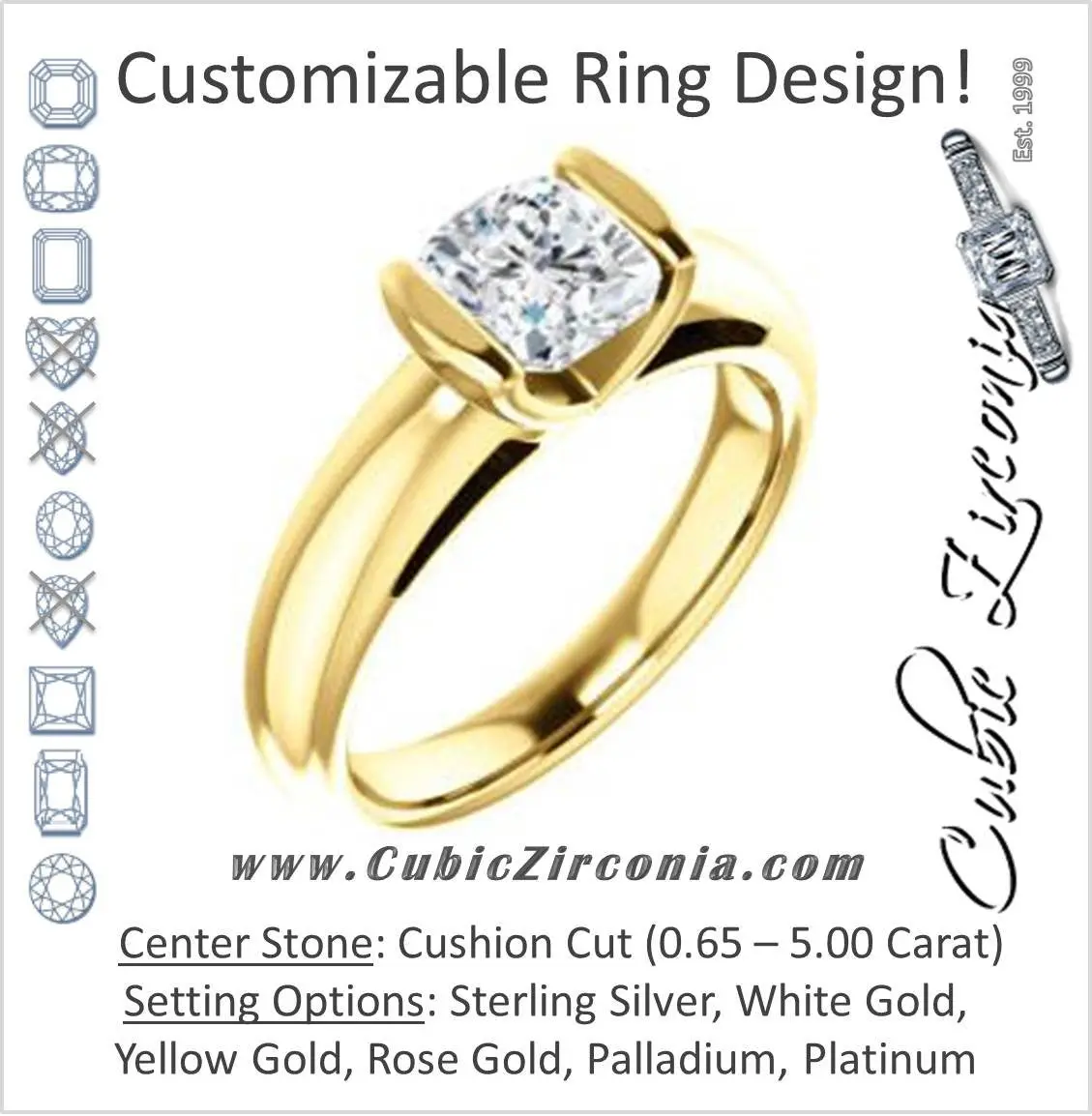 Cubic Zirconia Engagement Ring- The Liza Bella (Customizable Cushion Cut Cathedral Bar-set Solitaire)